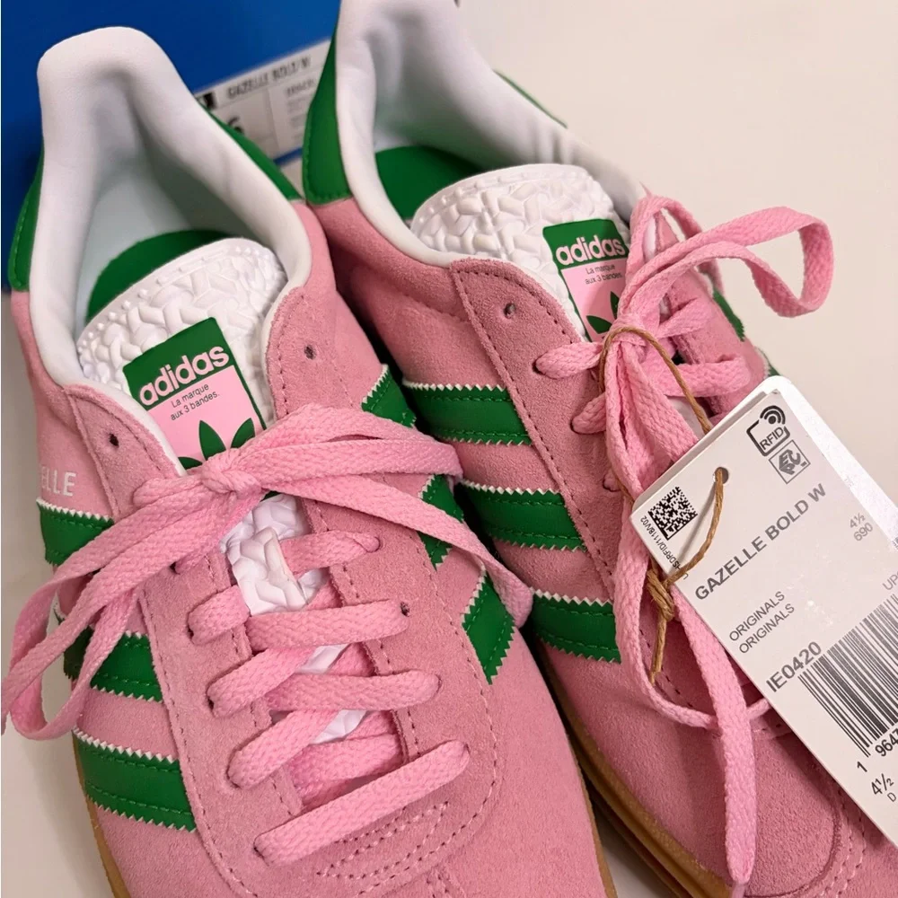 adidas Gazelle Bold Sneakers in Pink Suede with Green Stripes - Size 6 - Picture 3 of 15